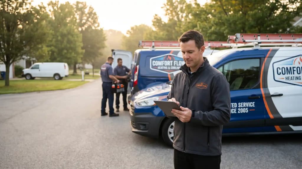 HVAC business owner reviewing marketing budget beside a fleet of branded service vans