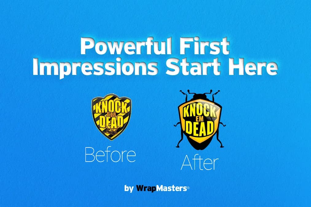 Knock Em Dead Pest Control logo before and after rebrand by WrapMasters