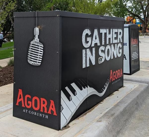 Agora at Corinth community utility box wrap by WrapMasters — Gather in Song outdoor installation