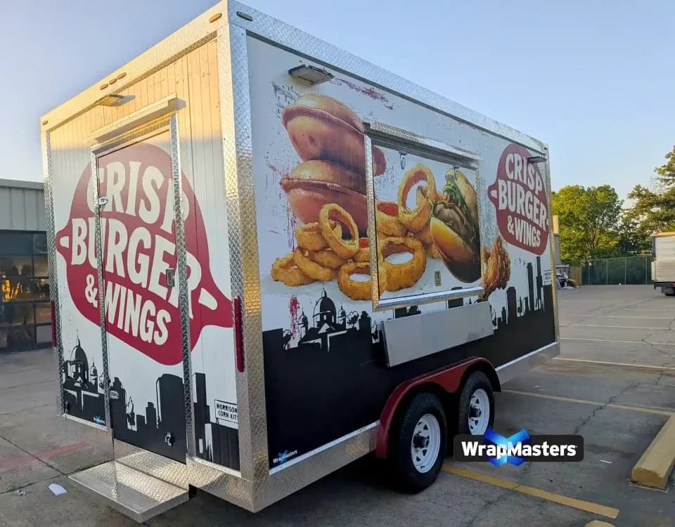 Crisp Burger and Wings food trailer wrap in Denton by WrapMasters