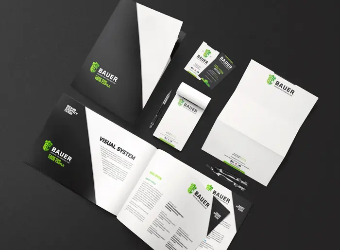 Brand continuity kit includes business cards, yard signs, equipment stickers and brochures