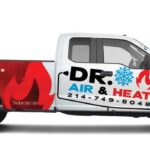 White pickup truck with custom "DR. AIR & HEAT" wrap featuring contrasting fire and snowflake designs, displaying contact information, isolated on a white background
