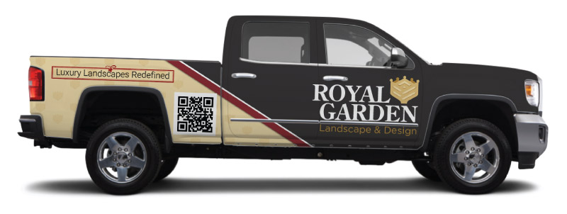 Royal Garden Landscape Ford F150 Truck Wrap with Gold-and-Red-Pattern-with-Crown-Rose-Icon-Background