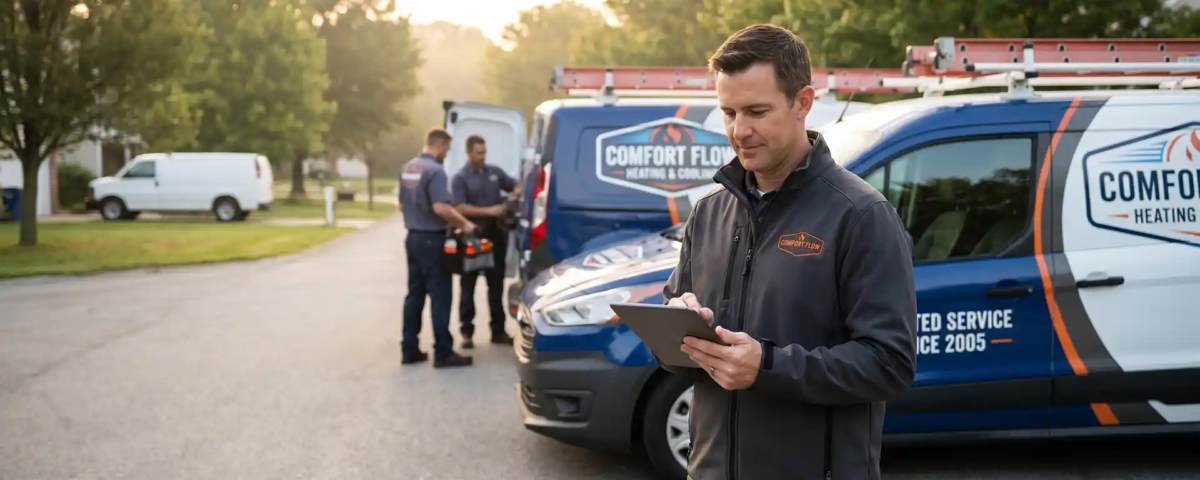 HVAC business owner reviewing marketing budget on tablet beside fleet of branded service vans