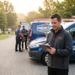 HVAC business owner reviewing marketing budget on tablet beside fleet of branded service vans