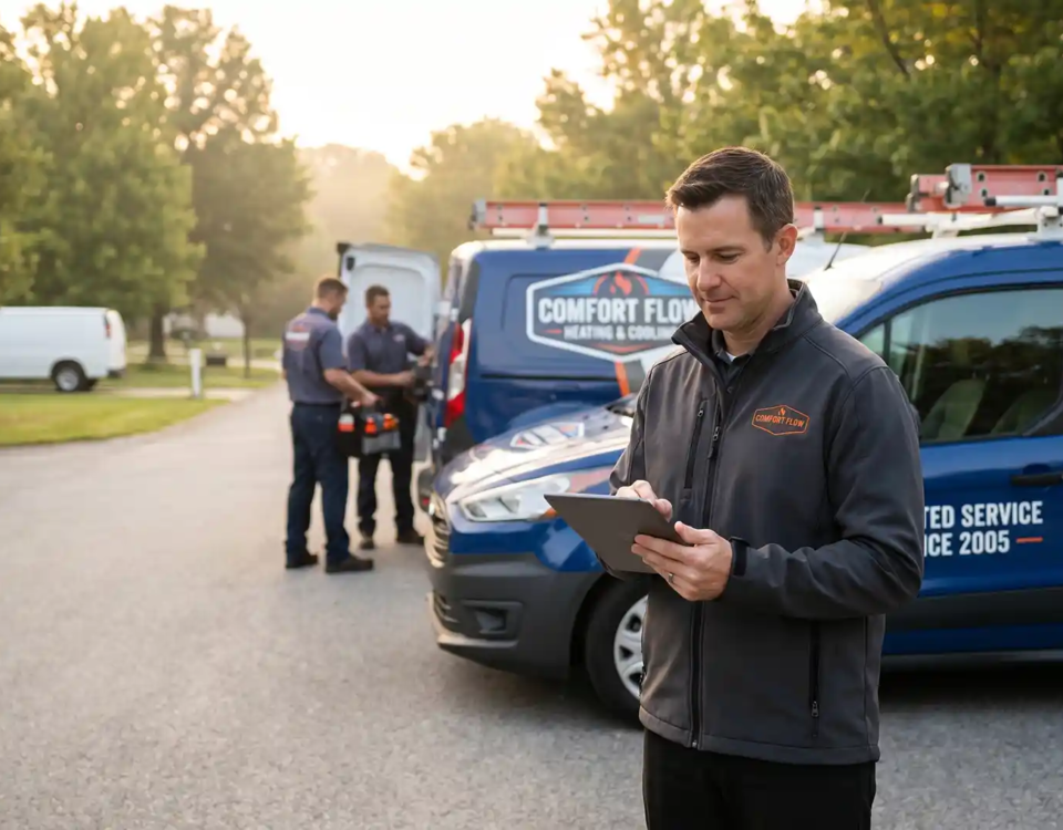 HVAC business owner reviewing marketing budget on tablet beside fleet of branded service vans